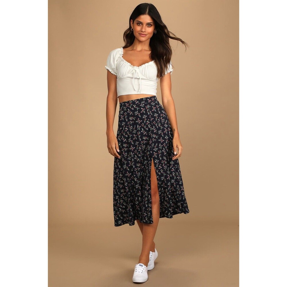 Lulus Bliss Me Navy Blue Floral Print Midi Skirt Size XL NWT